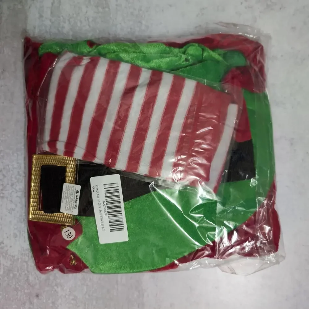 Girls Elf Costume Christmas Tunic Dress Belt Striped Socks Booties Hat 130 6-7